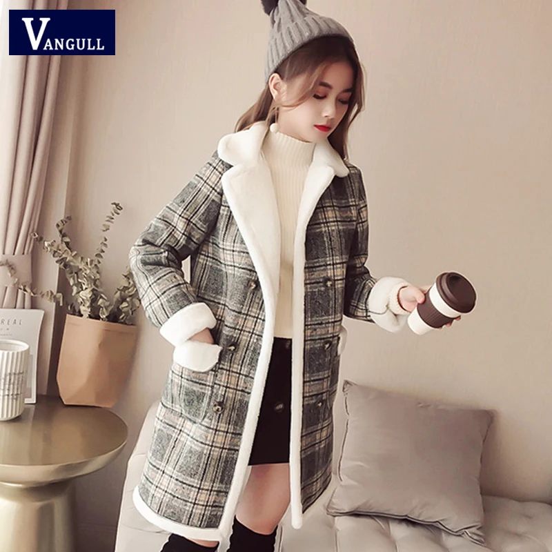 Gray Vangull/женские бархатные куртки, пальто, зимняя двубортная верхняя одежда в клетку, новинка года, повседневные теплые толстые шерстяные длинные пальто с длинным рукавом - Цвет: Gray