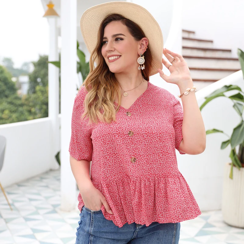GIBSIE с винтажными пуговицами спереди принт женские топы и блузки размера плюс