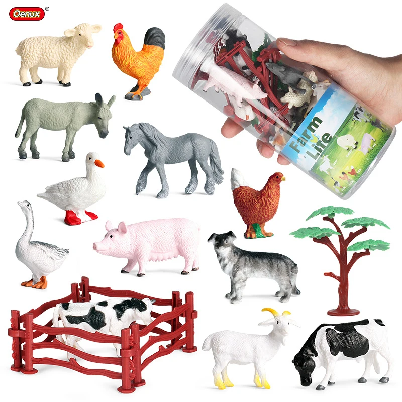 Oenux Simulation Farm Chicken Horse Rabbit Pig Cow Goose Action Figure Poultry Animal Miniature Set Model Toy Kids Gift With Box