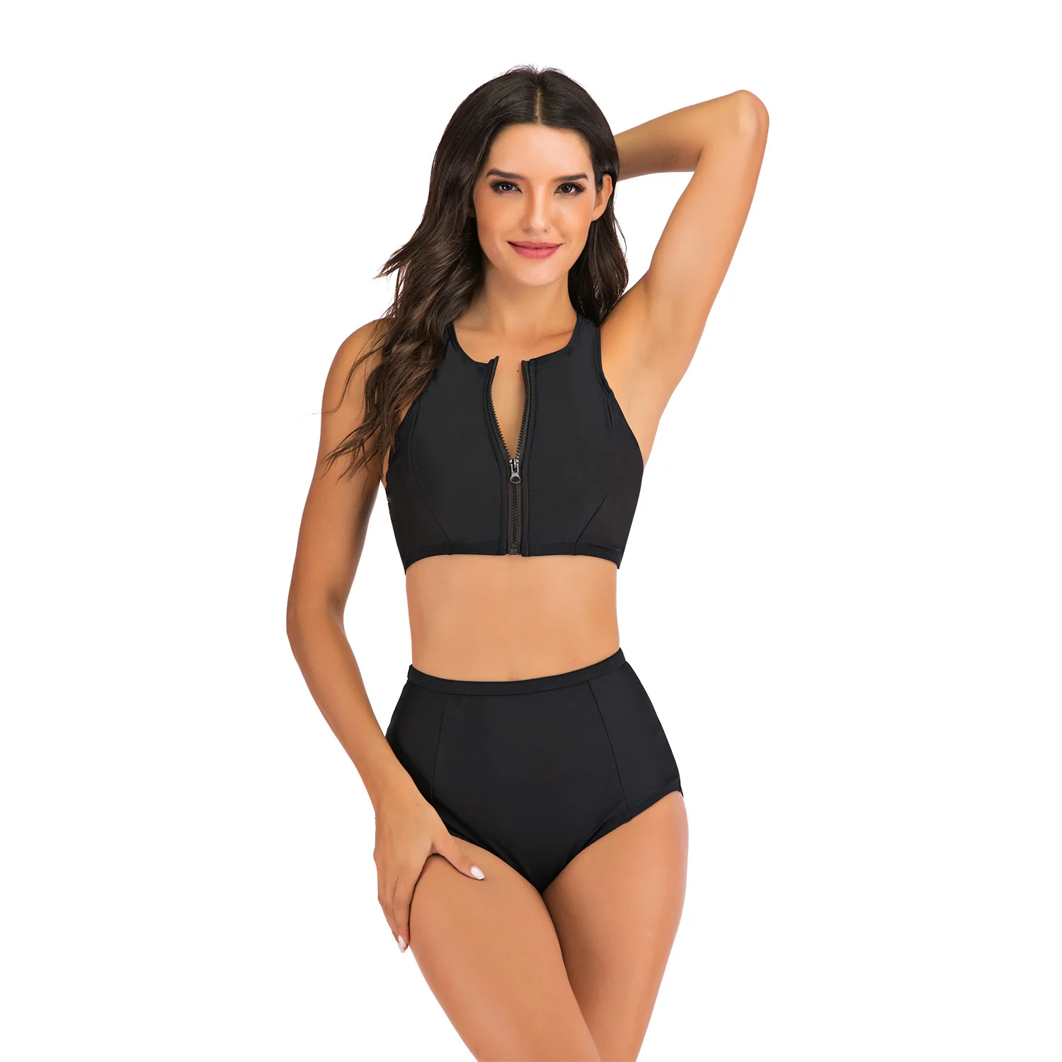 Women's European And American Bikini Solid Color Zipper Sexy Large Sports Swimsuit | Женская одежда