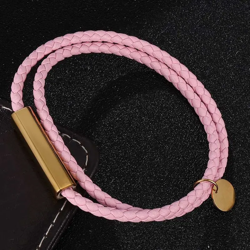 

Fashion Simple Jewelry Pink Double Leather Bracelet for Women Men Stainless Steel Magnetic Buckle Couples Bracelets SP0703