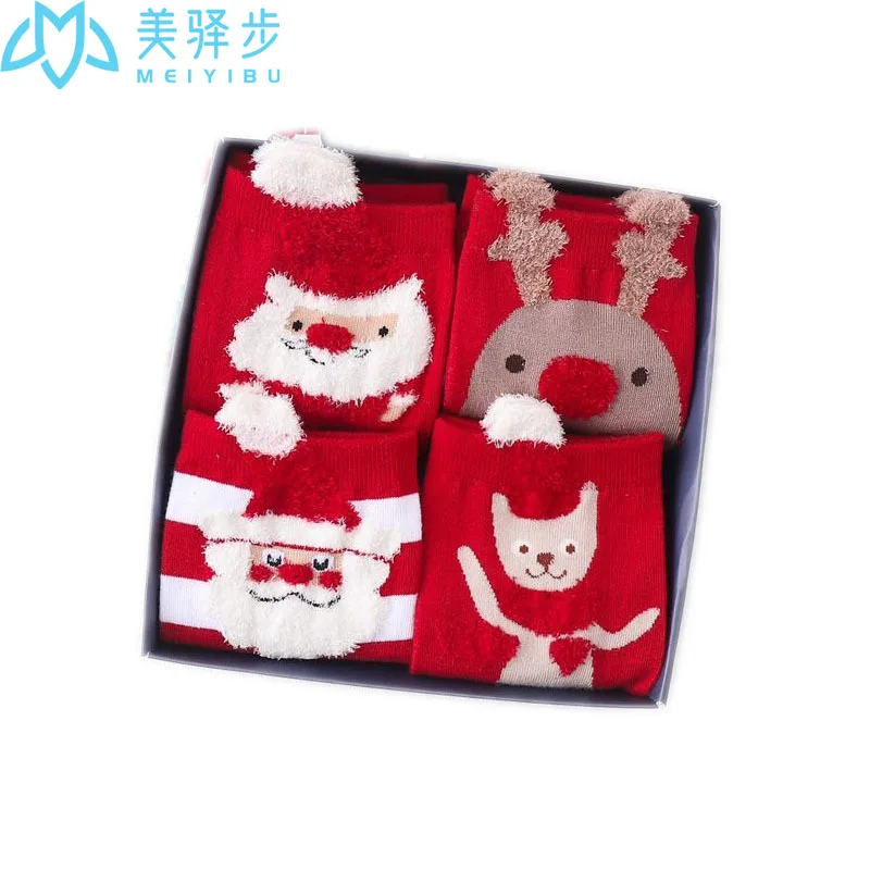 1 Box Is 4 Pairs Winter Cotton Red Socks Three Dimensional Cartoon Christmas Socks Cute Japanese Socks with Gift Box