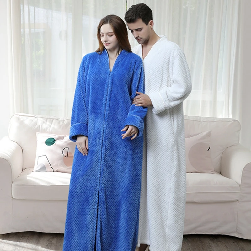 

Lovers Extra Long Winter Warm Bathrobe Oversize Pregnant Zipper Bath Robe Luxury Soft MenAnd Women Flannel Thermal Dressing Gown