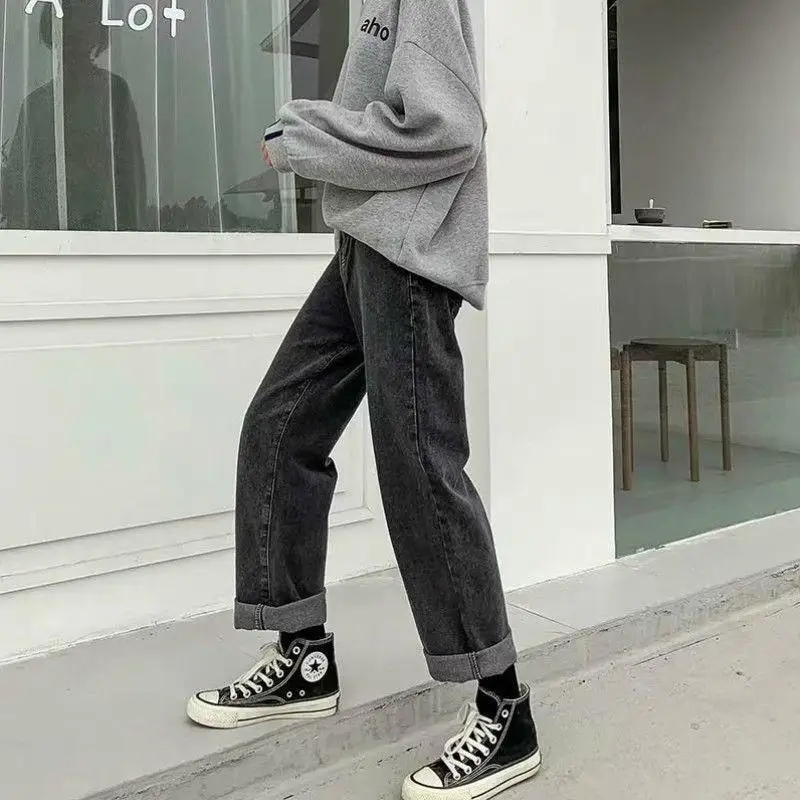 

Spring and summer new high waist jeans women's loose Korean student wide leg straight pants women's slim and versatile