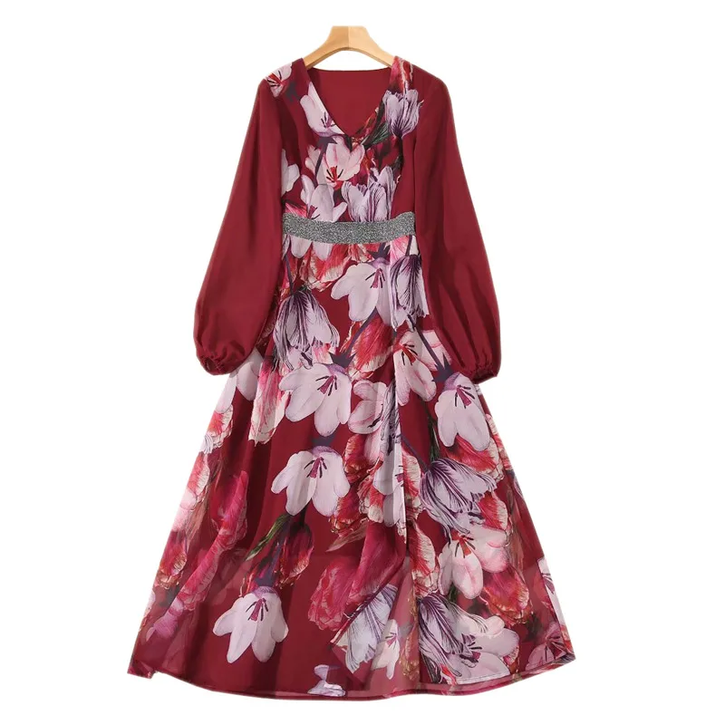 

Big Size Summer Clothing V-Neck Lantern Sleeve Slit A-Line Flower Print Wine Red Chiffon Long Dress
