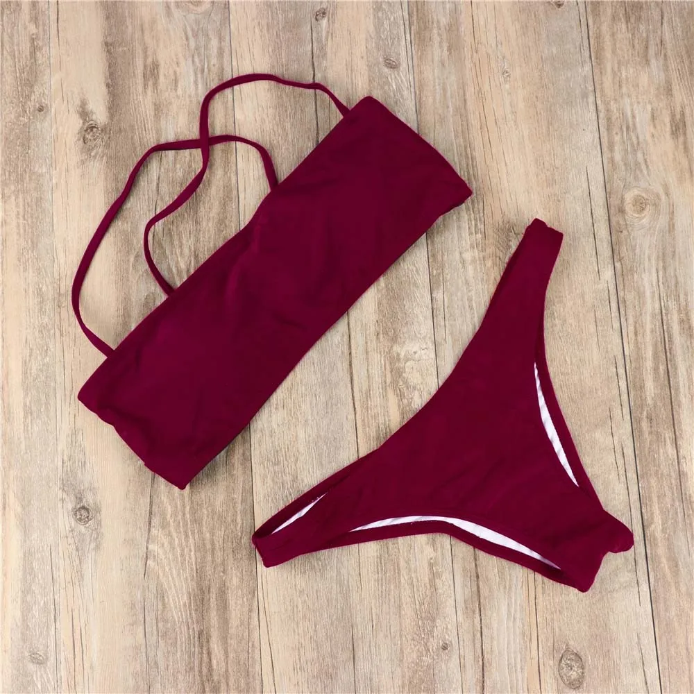 

Paotang 2021 Summer New Style Red Swimsuit Solid Color Sexy Solid Color Cross Strap Tube Top Ladies Bikini Beach Suit Two-Piece