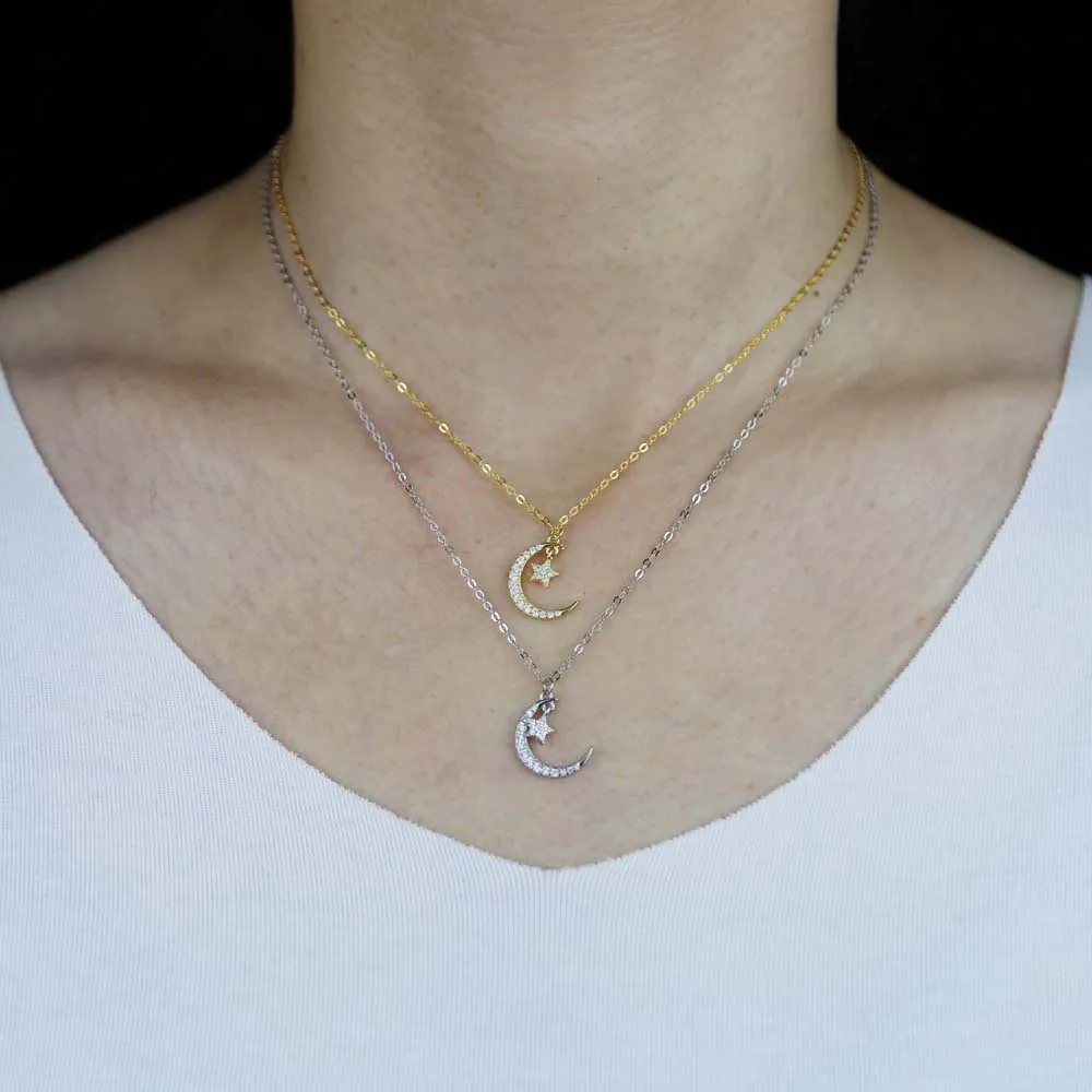 

Classic Cz Paved Star Moon Pendant Necklace For women Lady real 925 sterling silver Wedding Charm Choker Jewelry Drop Ship