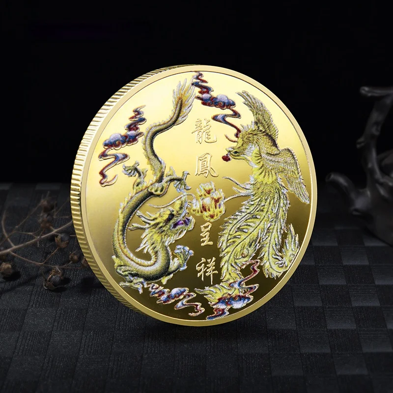 

Symbolize Good Fortune New Traditional Chinese Culture Auspicious Brought By The Dragon and The Phoenix Painted Gold Silver Coin