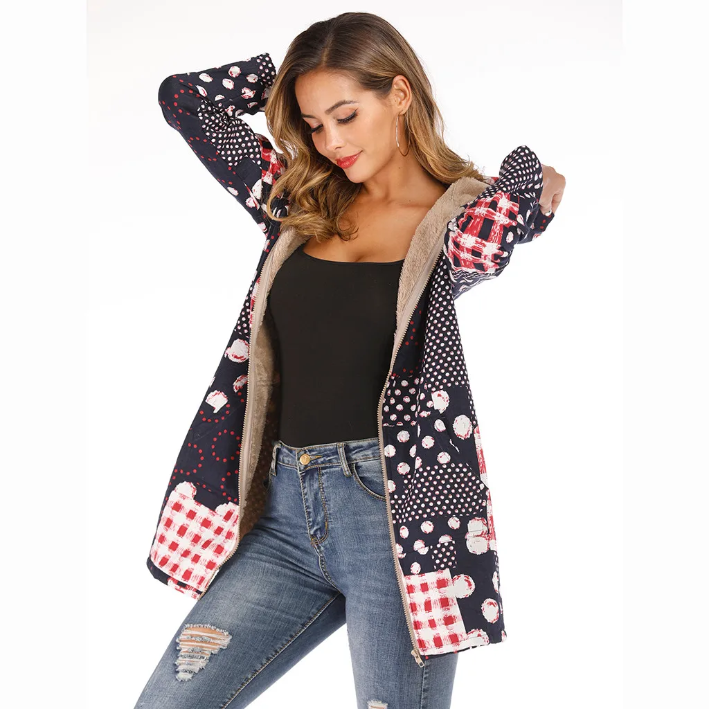 

FREE OSTRICH Women's trend winter warm coat loose type dark cover novelty print hooded with pocket retro comfort coat cardigan