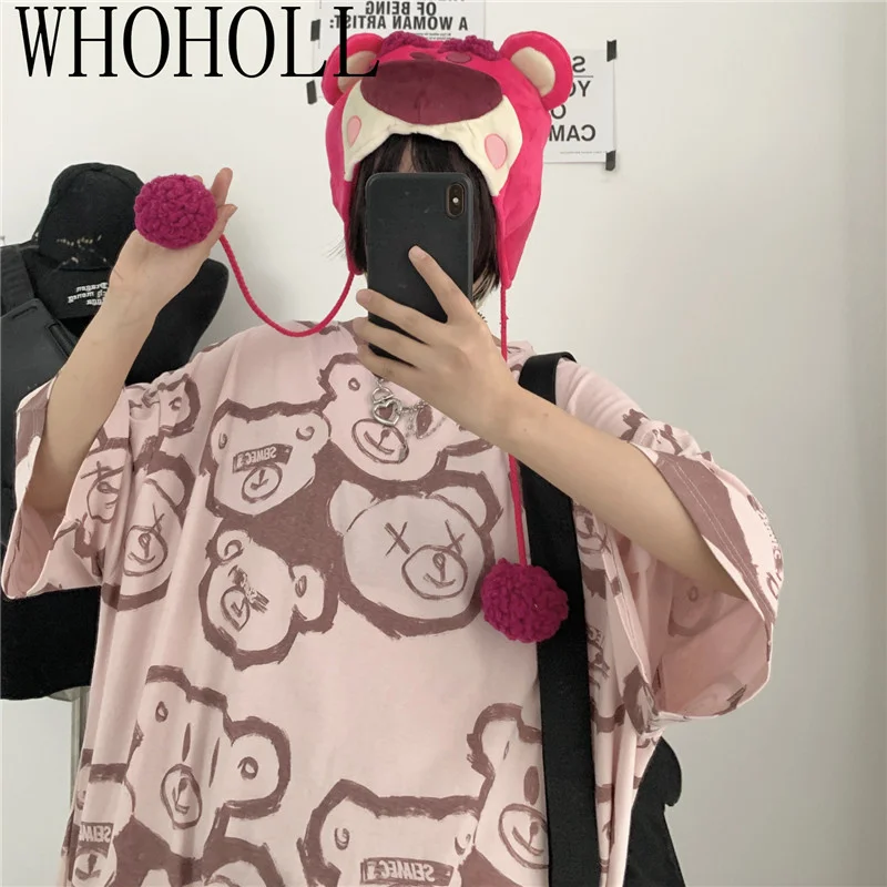 

Summer Harajuku Women T-shirt Half Sleeves Cartoon Bear Loose Tops Tide High Street Cotton Tshirt Large Size Tees