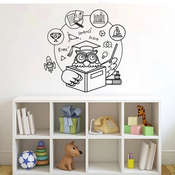 Science and Education Wall Decal Owl with Book Vinyl Wall Sticker Waterproof for Classroom School Decoration Accessories X324