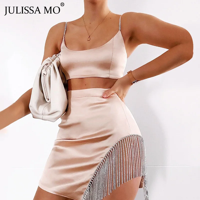 Julissa mo, блестящие бриллианты, с кисточками, вечерние платья, для женщин, сексуальные, на тонких бретелях, Мини, облегающее платье, комплект из 2 предметов, с открытой спиной, рождественское платье