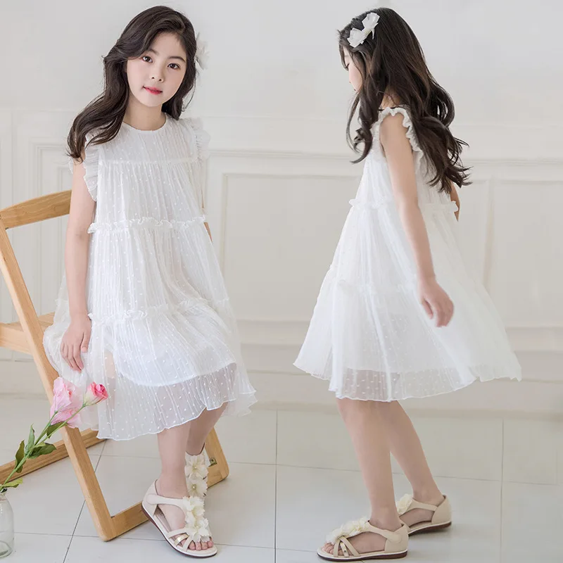 

2020 Summer Girls Dress White Chiffon Kids Dresses Children Princess Party Frocks Sleeveless Girls Birthday Vestidos Age 4 to 14