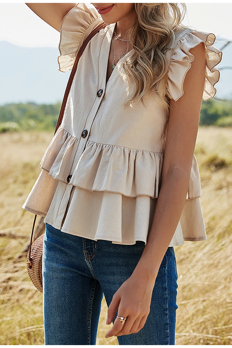 

summer sheelveless ruffle stitching blouse V-neck causel chic button women tops Elegant soild color women blouse