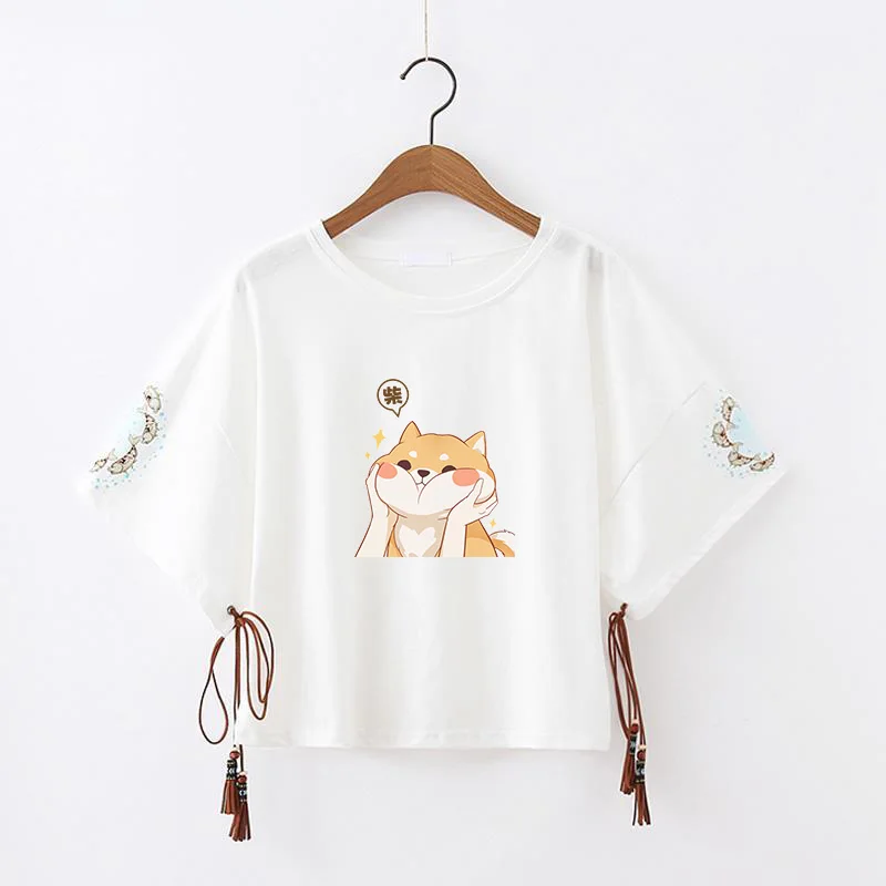 

Летняя женская футболка с принтом корги, в японском стиле Харадзюку, Шиба-ину, футболки с круглым вырезом и коротким рукавом, топы с кисточка...