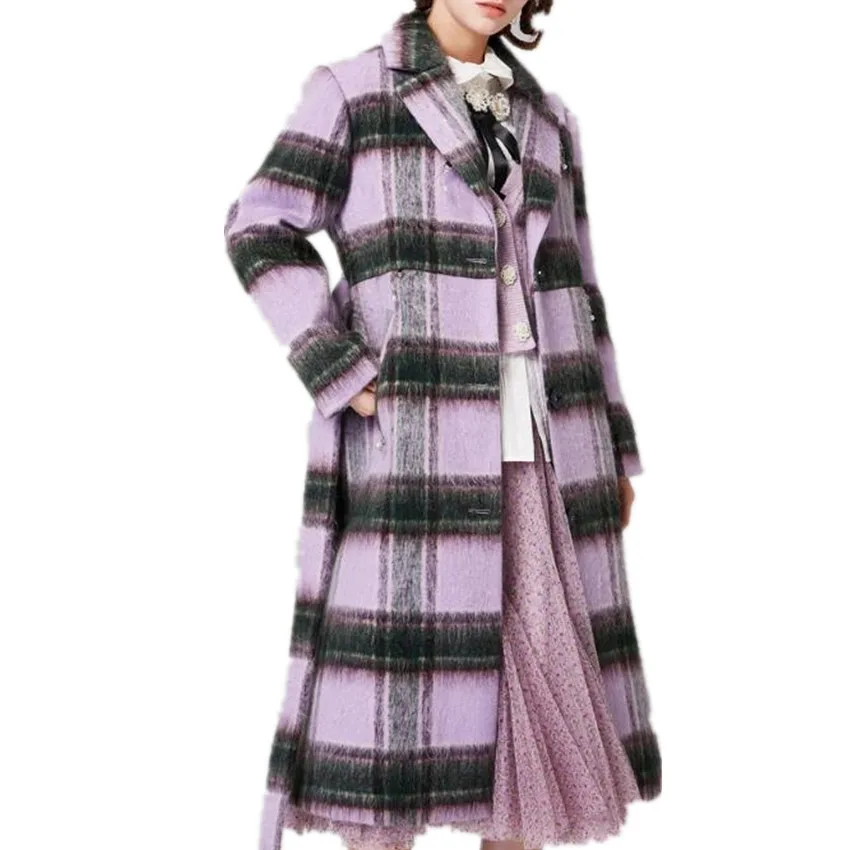 

New arrival winter vintage plaid woolen overcoat women purple double breasted loose wool blends outwear