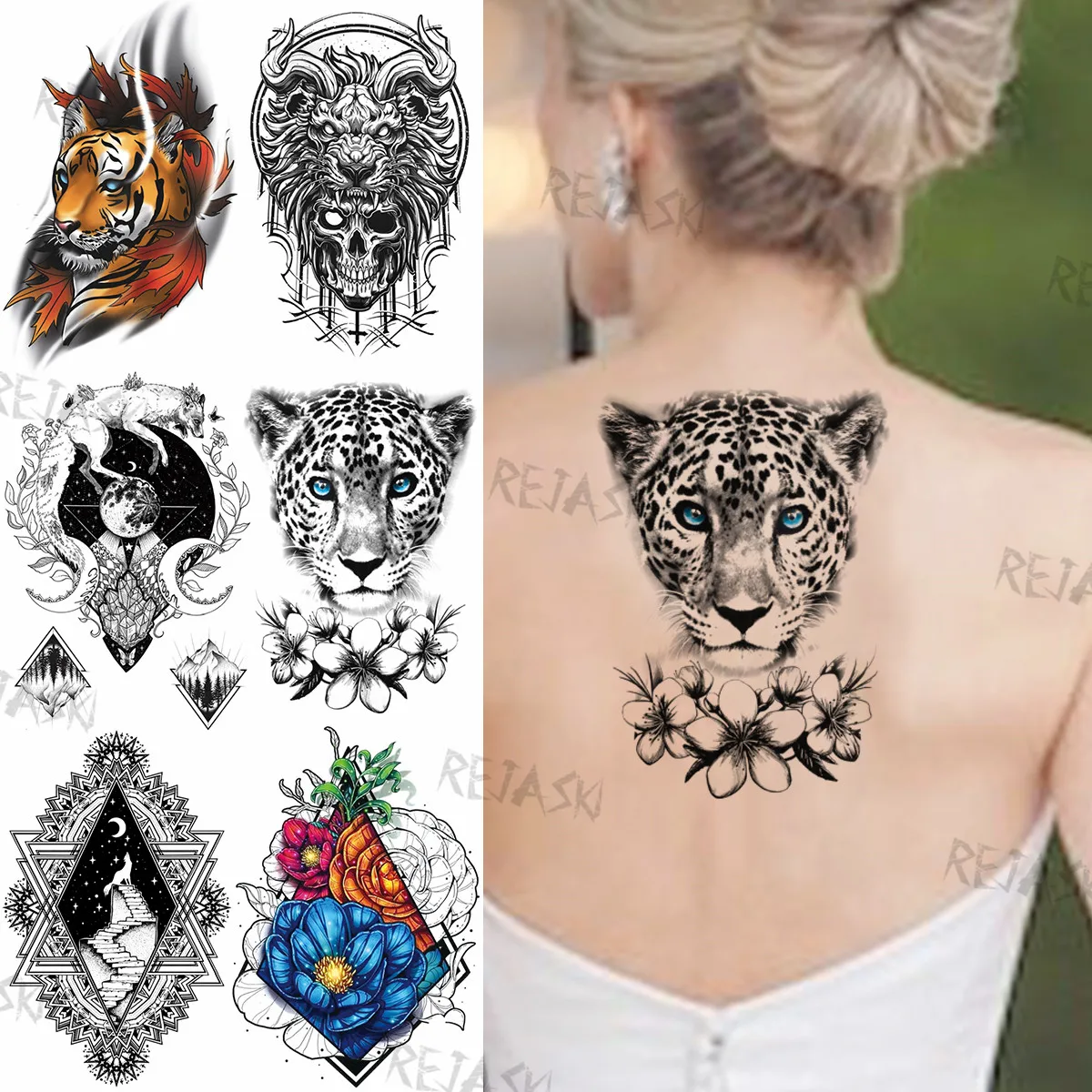 

Татуировки Временные для женщин и мужчин, наклейки с черным леопардом, Далией, цветами, тигром, львом, лисицей, луной, переводные тату-наклей...