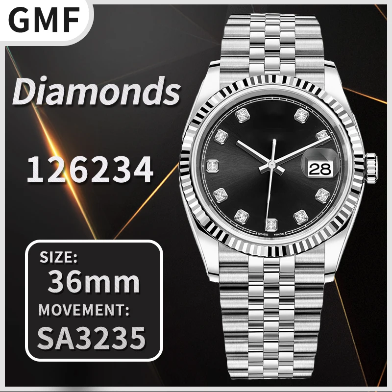 

Mechanical Watch Men 36mm DateJust 126234 GMF 1:1 Best Edition 904L SS Black Dial Diamonds Markers on Jubilee Bracelet SA323501