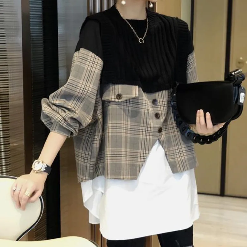 

Nowsaa 2021 Spring Fashion Office Lady Blouse Round Neck Long-sleeved Minimalist Patchwork Knit Plaid Pullover Loose Shirt Blusa