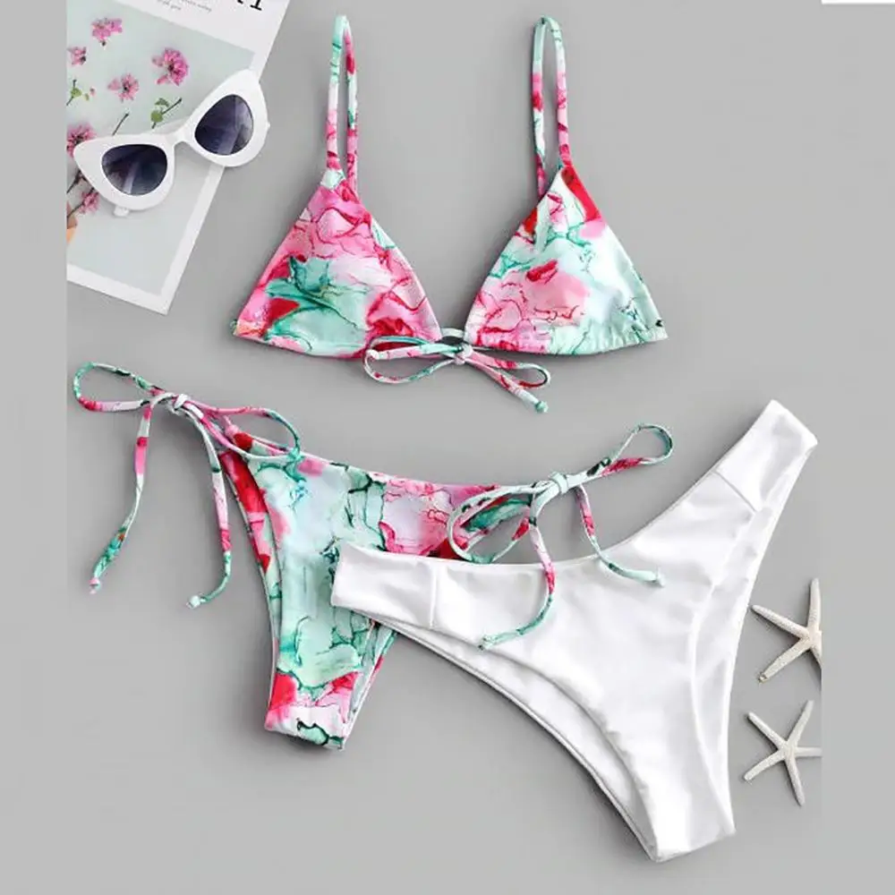 3pc print bikini push up Triangle Strap Women's set high waist Summer beach clothes women monokini swimwear Bathing suit* | Женская