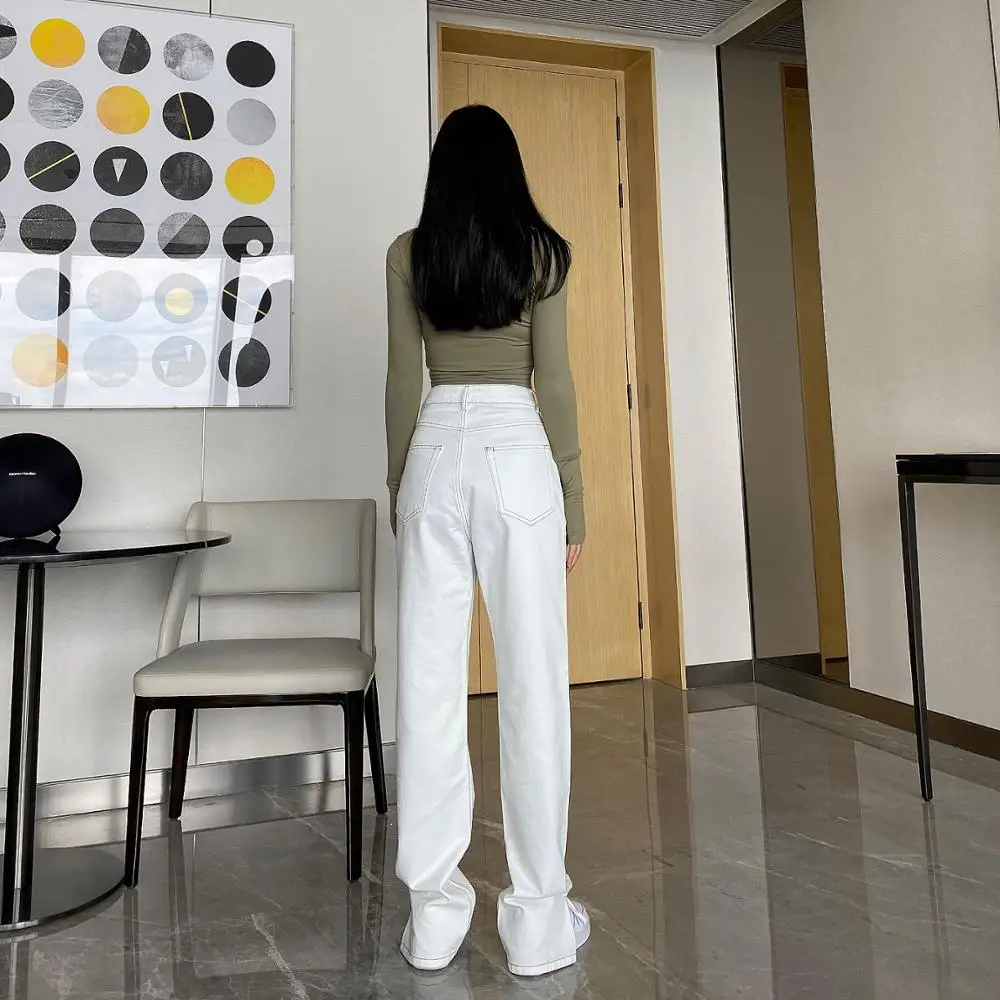 

Loose Jeans for Women 2020 High Waist Jeans White Color Patchwork Harajuku Streetwear Women Trousers Straight Pants Split Jeans