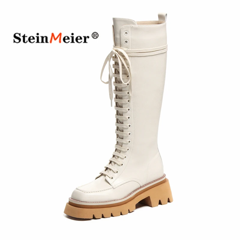 

INS ZA Women Knee High Boots Full Cow Leather Warm Boots Thick High Heels Motorcycle Boots Punk Shoes Woman High Boots 2022