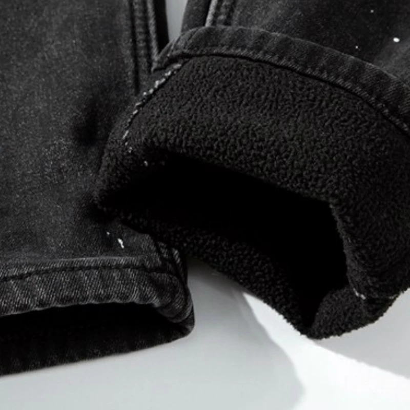 

High Quality Vintage Black Paint Splatter Jeans Winter Fleece Lined Biker Jeans Men Streetwear