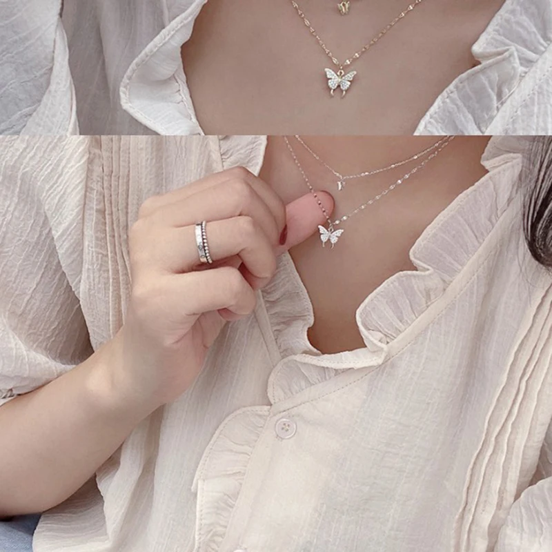 

Big Small Two Flash Drilling Butterfly Clavicle Double Layer Chain Necklace Choker for Lady Women Korean Jewelry