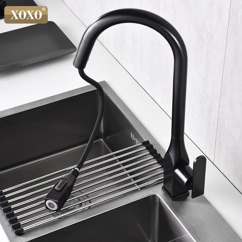 Выдвижной кухонный кран XOXO латунный Смеситель для раковины черный цвет одно
