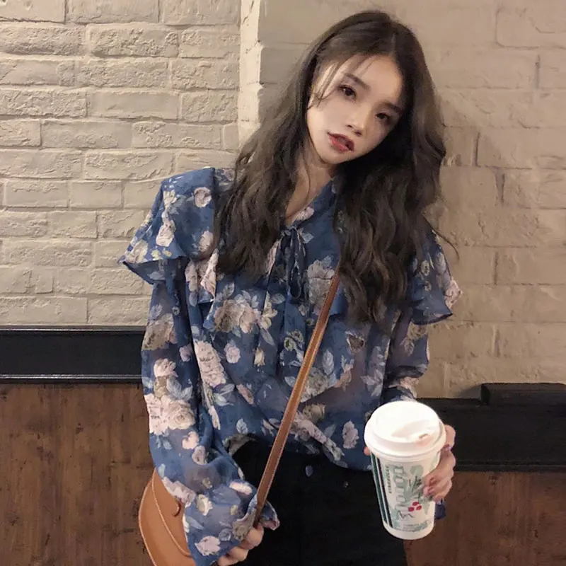 

Luck A Women 2020 New Floral Print Blouse Long Sleeve Korean Vintage Shirt Female Causal Cute Tops Ruffle Blusas