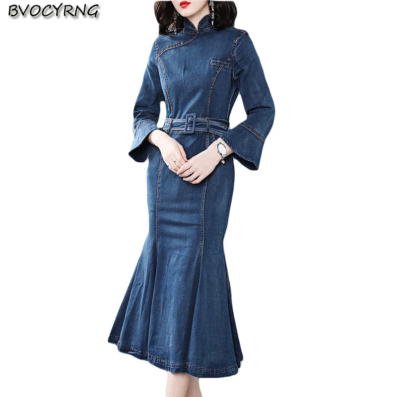 Женское джинсовое платье cheongsam длинное с воротником-стойкой весна-осень 2019 |