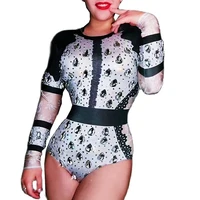 shiny costume for women rhinestones bodysuit long sleeve printing party evening costume performance suit stage wear lady