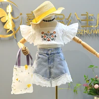 baby children clothing 2021 summer new girls cartoon puff sleeve top and lace stitching denim skirt two piece suit girls pants