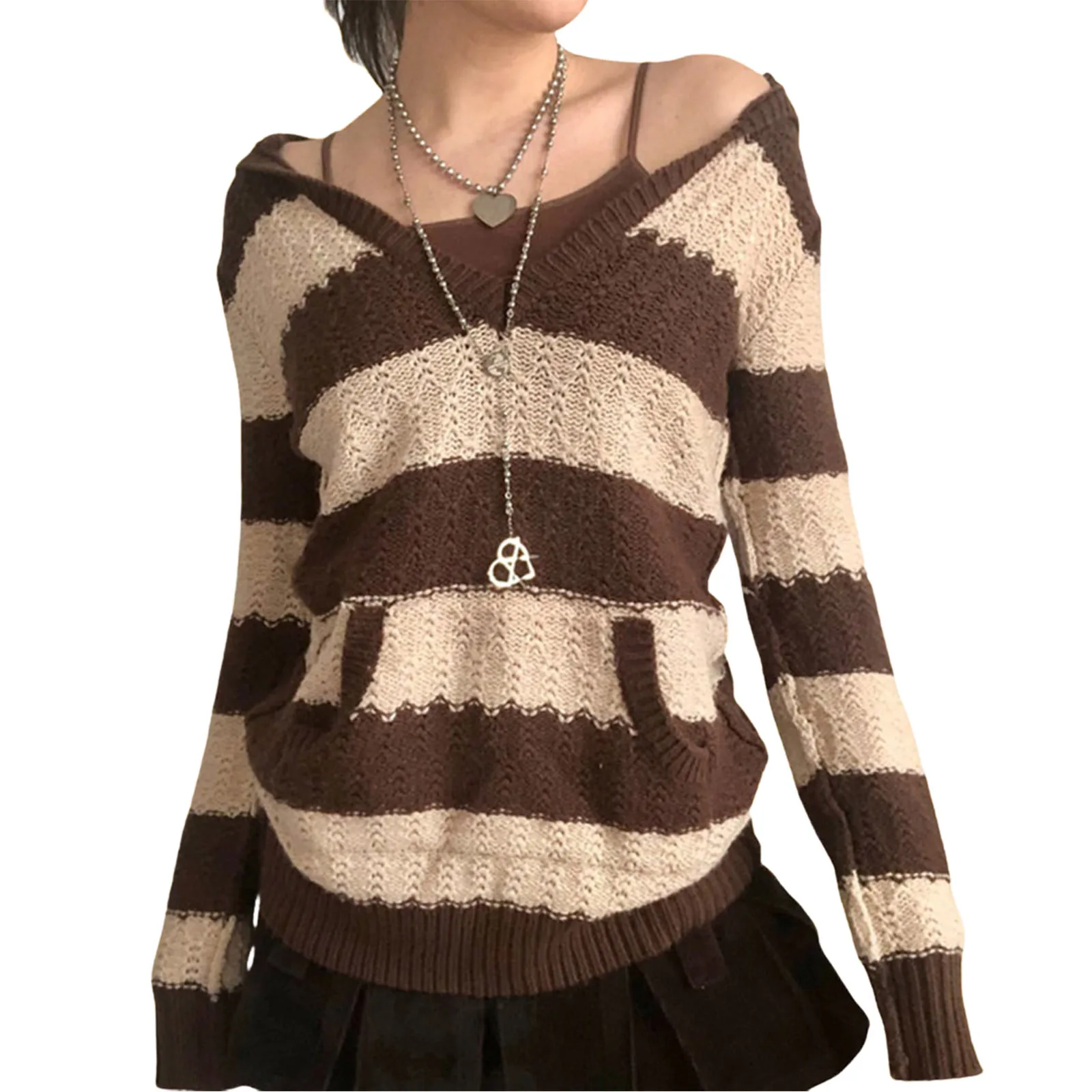 

Женский трикотажный свитер с капюшоном, винтажный свободный трикотажный джемпер с V-образным вырезом, длинным рукавом и карманами, осень 2021