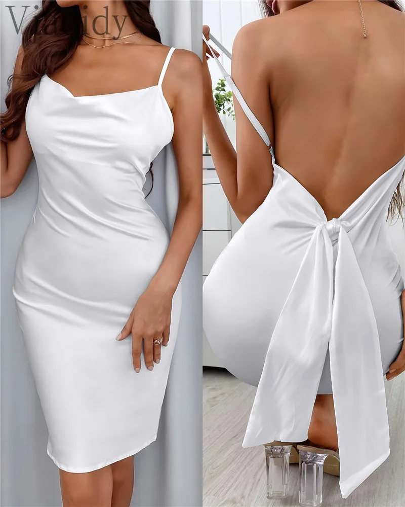 

Women Solid White Spaghetti Strap Bodycon Dress Square Collar Backless Knotted Design Sleeveless Midi Dress Vestido