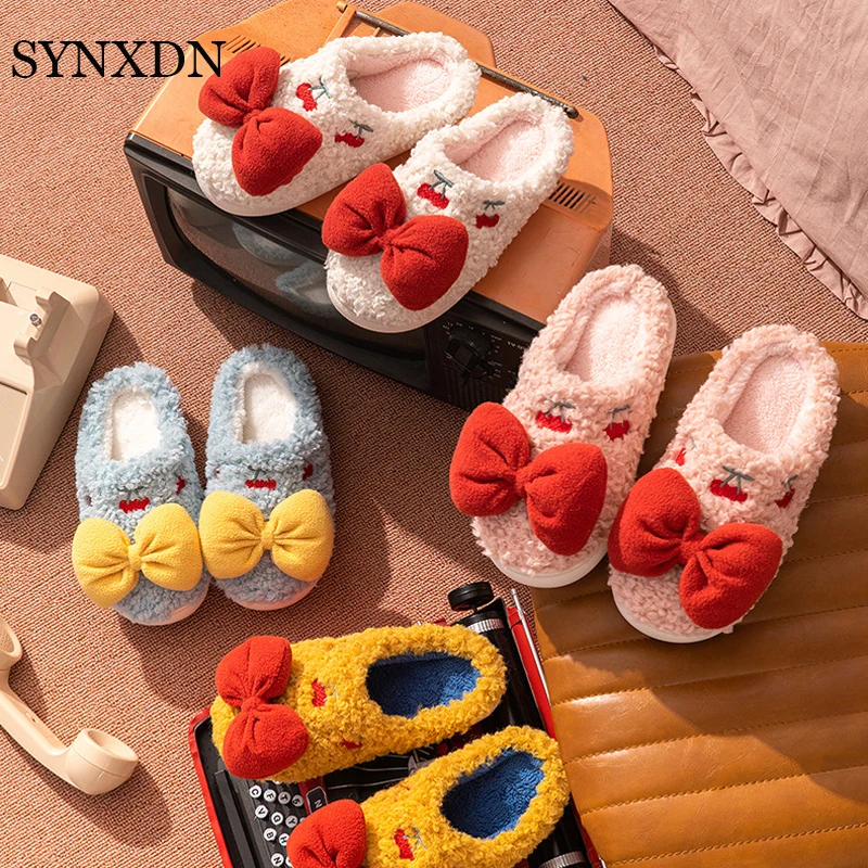 

Зимние женские тапочки SYNXDN, пушистые тапочки из искусственного меха, теплая обувь, Симпатичные Мультяшные симпатичные Тапочки с бантом для ...
