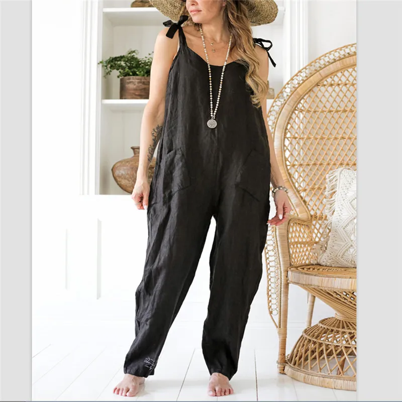 

Beach Holiday Sleeveless Linen Jumpsuits 2020 Summer Fashion Women Boho Street Home Casual Loose Lace-up Romper Wholesale