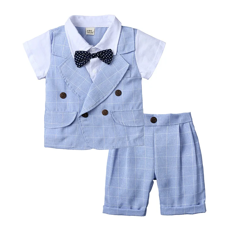 Baby Boy Clothes Set 0-4Y Toddler Kids Formal Short Sleeve Bow Knot Tie Shirt Top Plaid Pants Gentleman Suit Summer Outfit |