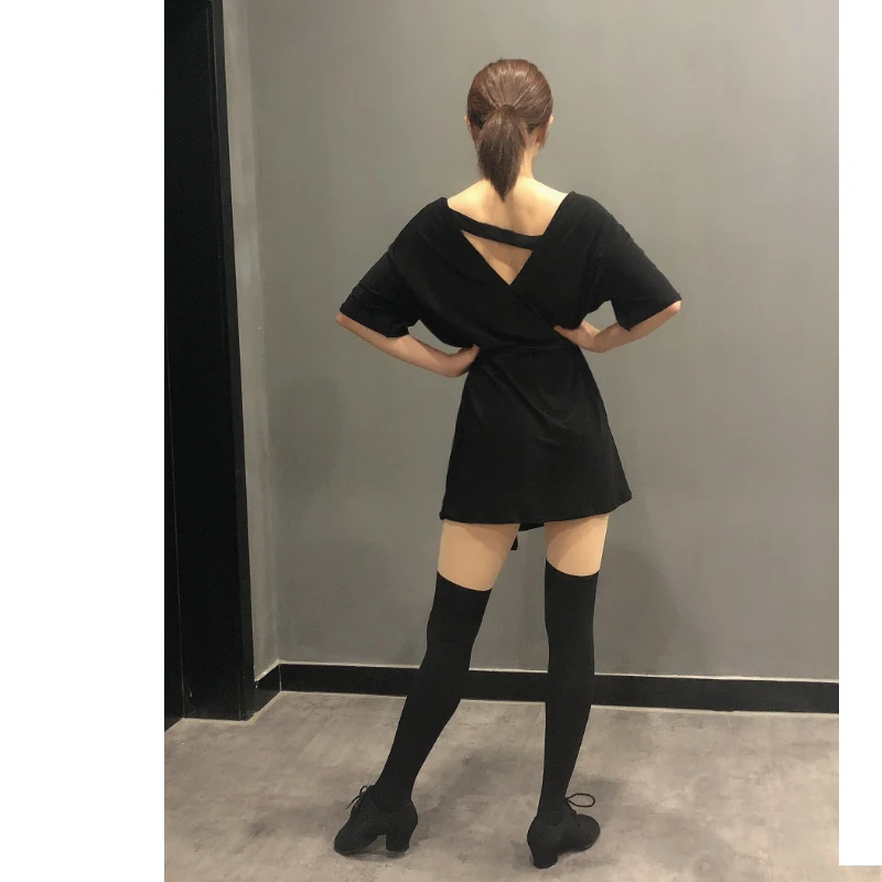 Latin Dance Skirt Loose Beauty Backless Dance Practice Short-sleeved Black Adult Women Latin Rumba Practice Dance clothes Dress