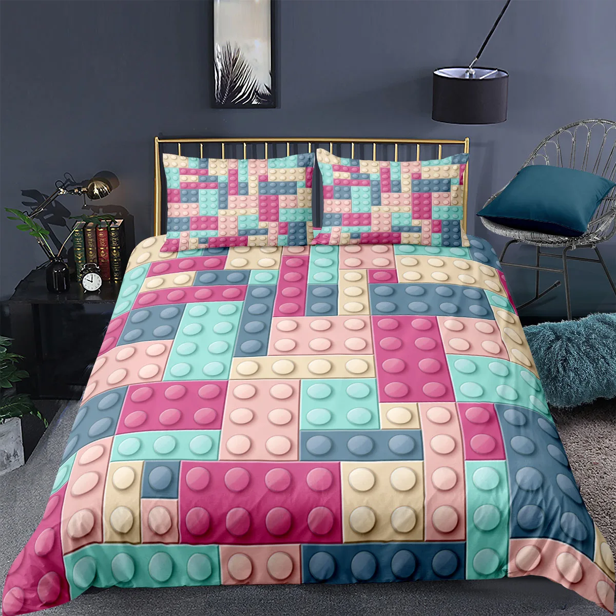 

3d Toy Print Bedding Set Dot Building Blocks Comforter Cover Kids Boy Bed Cover Colorful Geometric Game Bed Set Duvet Cover Set