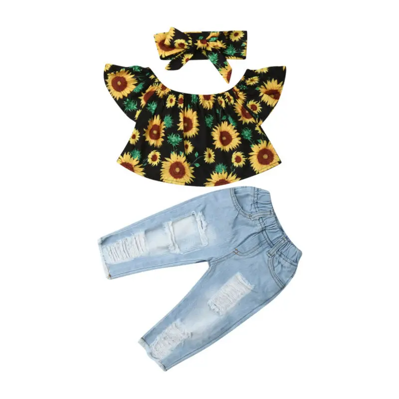

Летняя одежда Pudcoco для маленьких девочек, укороченные топы с открытыми плечами и подсолнухами, джинсовые рваные брюки, джинсы, летняя хлопко...
