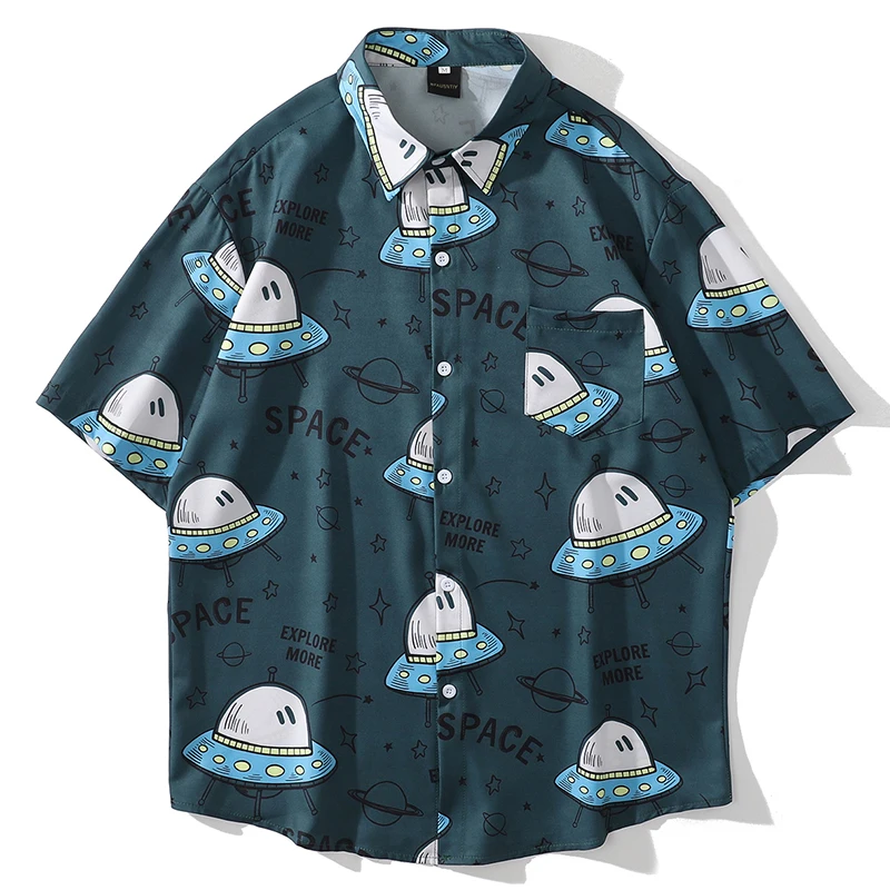 2021 Hip Hop Shirt Streetwear Men Cartoon Space Print Hawaiian Shirt Harajuku Beach Shirt Short Sleeve Summer Aloha Shirt Thin