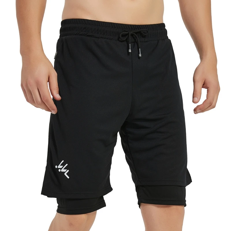 

Двухслойные шорты для бега для мужчин 2 в 1, Короткие штаны для спортзала, фитнеса, с встроенным карманом, быстросохнущие пляжные шорты, спорт...