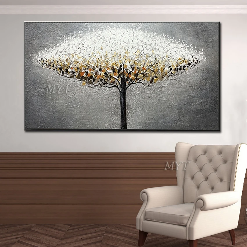Yellow And White Trees Abstract Oil Painting On Canvas For Living Room Hom Decor Pictures Wall Art Paintings | Дом и сад