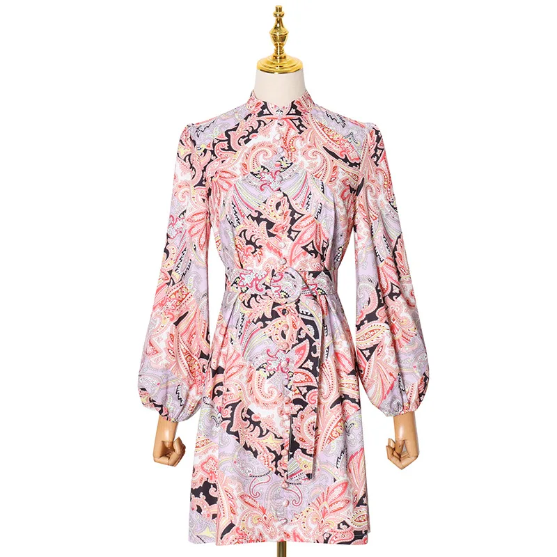 

Europe Stylish Stand Collor Lantern Sleeve Patchwork Print Women Dress Sashes High Waist Short Dress Spring Bb61