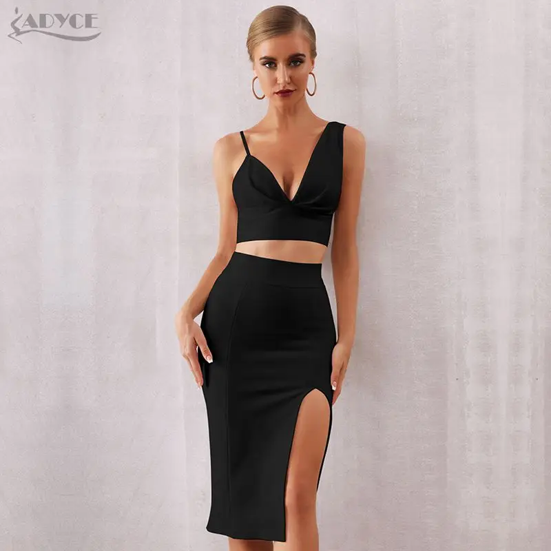 Black ADYCE, новинка, летний женский белый облегающий бандажный комплект, Vestido, комплект из 2 предметов, сексуальный топ на бретельках, вечернее платье в стиле знаменитостей - Color: Black