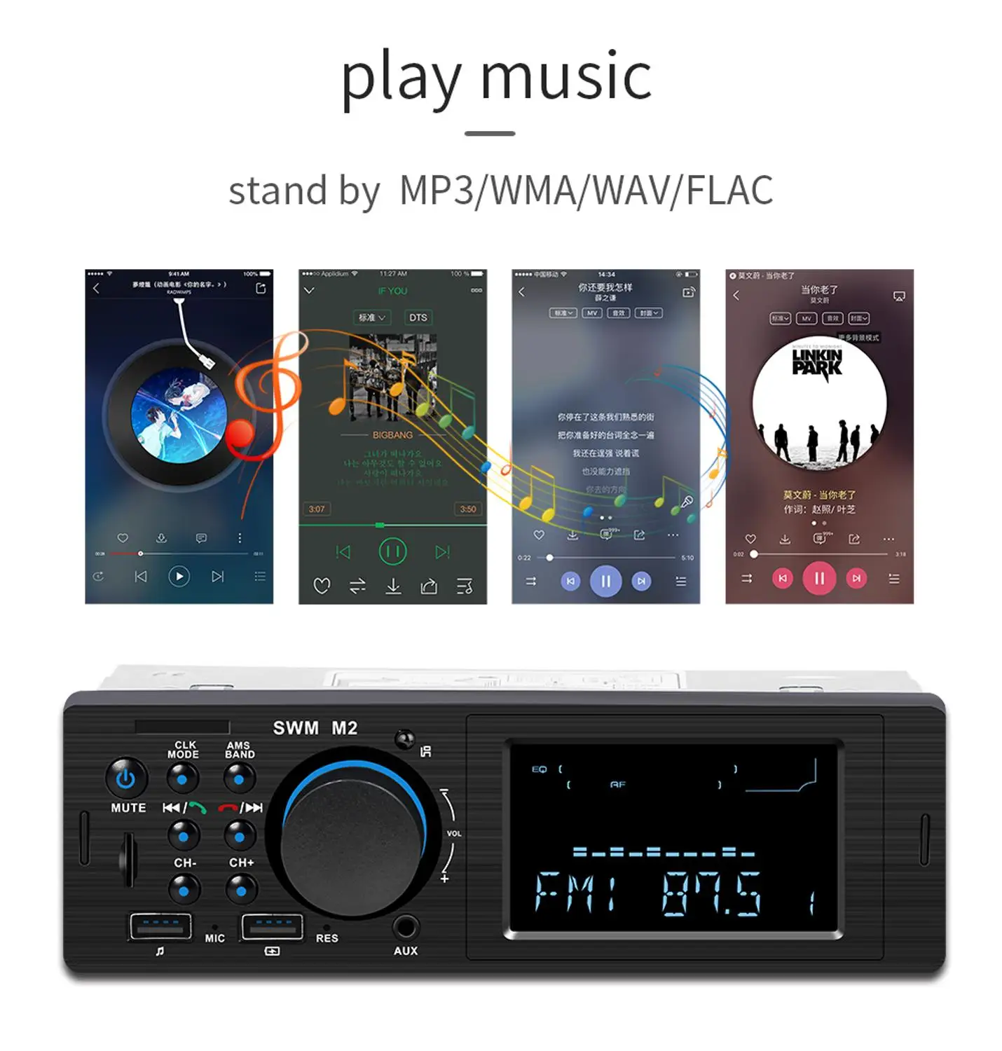 M2 автомобильный стерео MP3 музыкальный плеер fm-радио Bluetooth-совместимый 4 0 TF AUX Dual USB