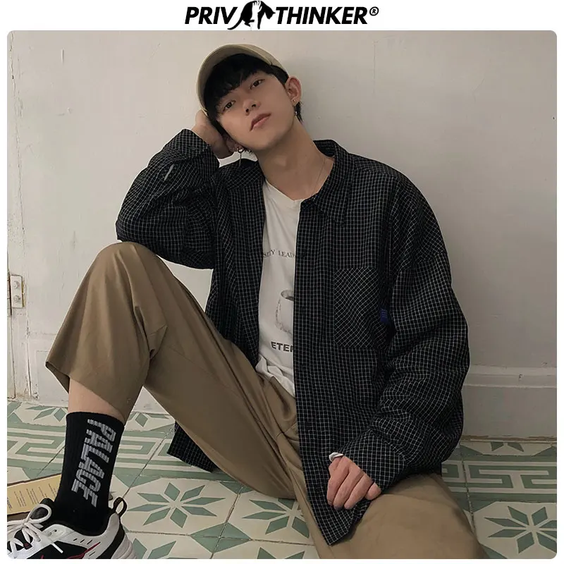 Privathinker мужская клетчатая уличная Корейская Повседневная рубашка Мужская
