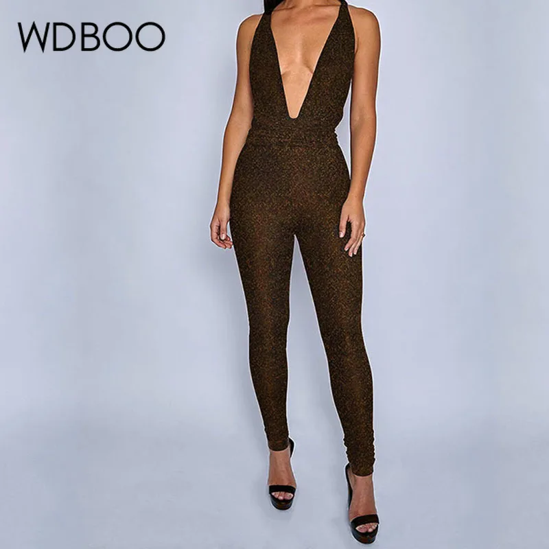 Пикантный Блестящий Комбинезон WDBOO с открытой спиной осенние брюки низким