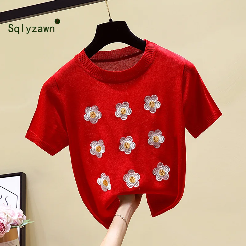 Женский свитер пуловер Тонкий Трикотажный Хлопковый топ с вышивкой и цветочным